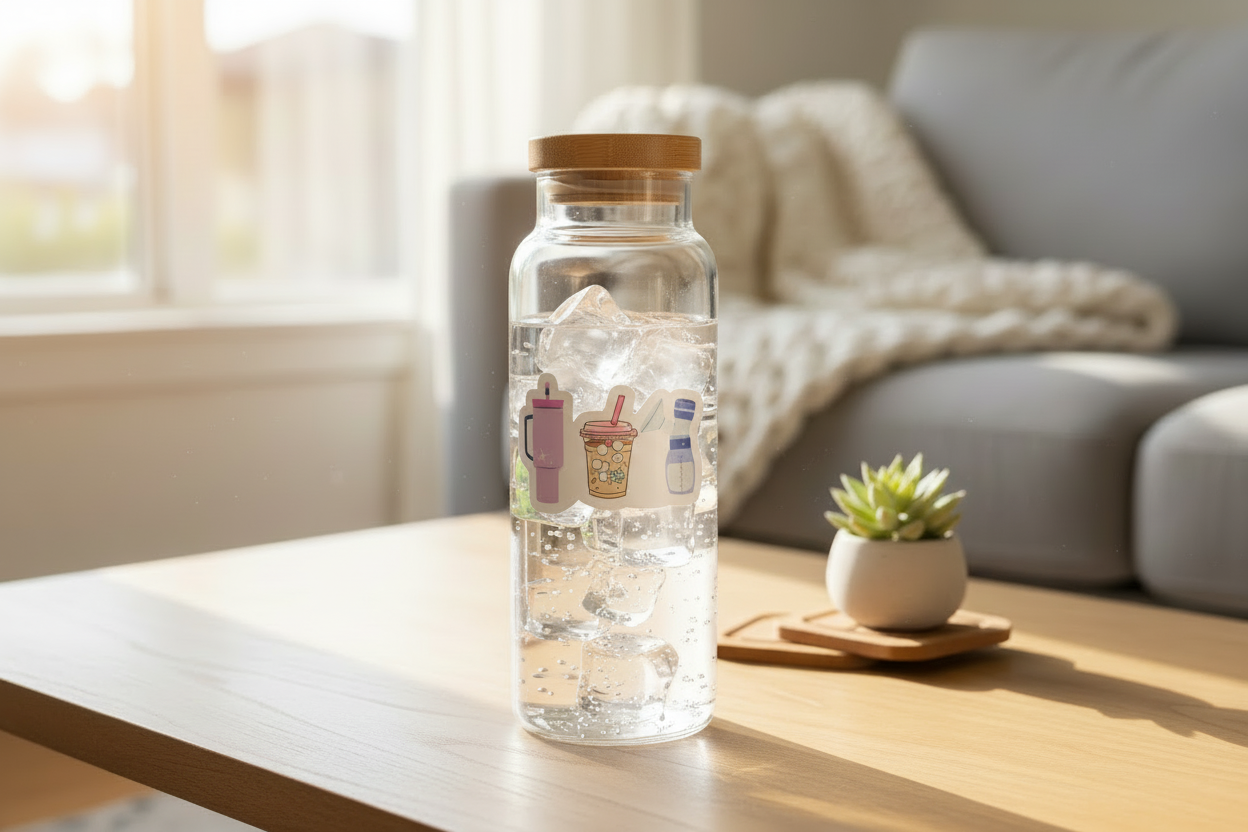 Essentials sticker on water bottle with ice water in cozy home setting